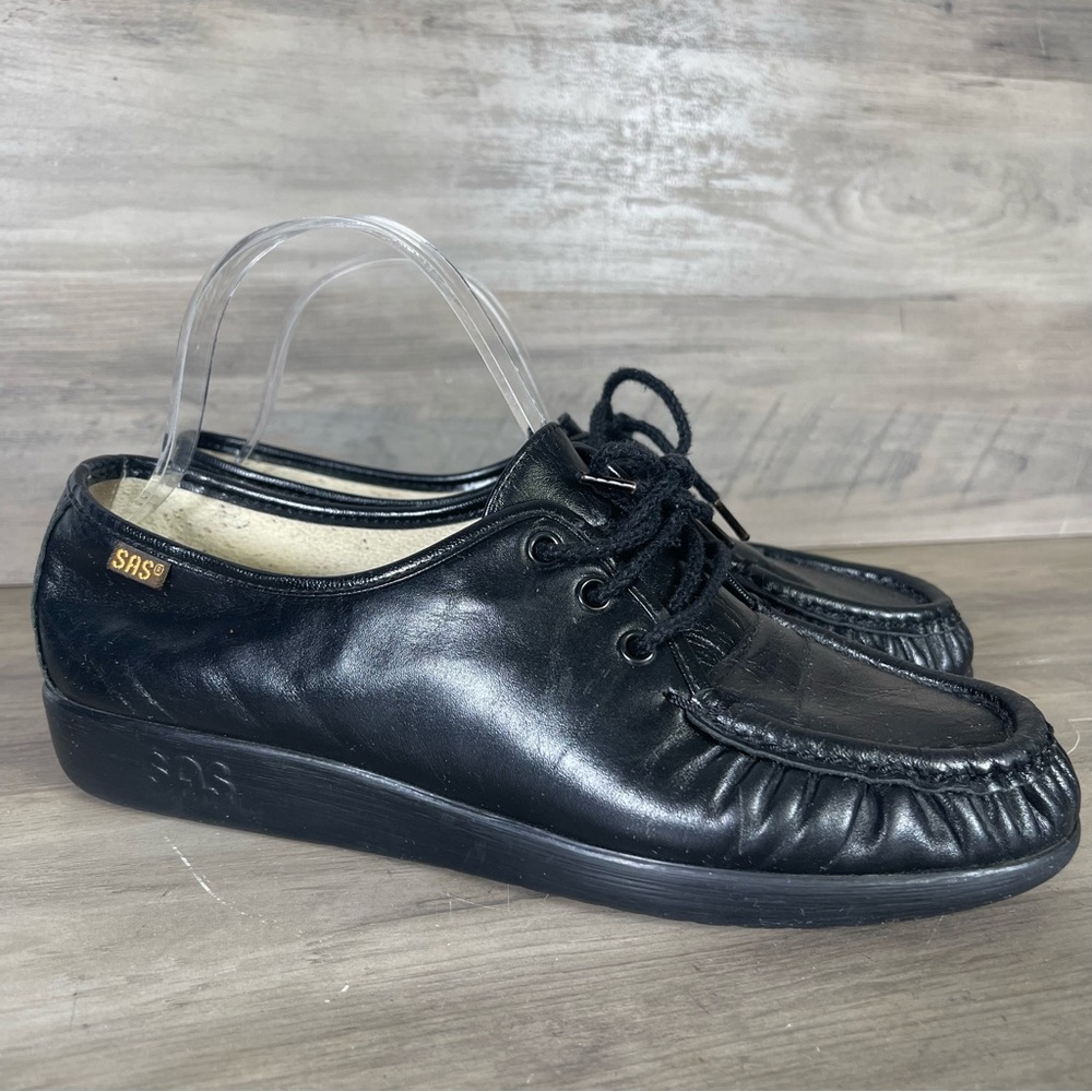 SAS Womens 9 Black Siesta Lace Up Leather Comfort Walking Cushioned Insole Shoes